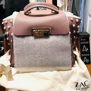 Zac Posen Eartha Top Handle Satchel Pearl Studded Mauve / Taupe Leather Handbag